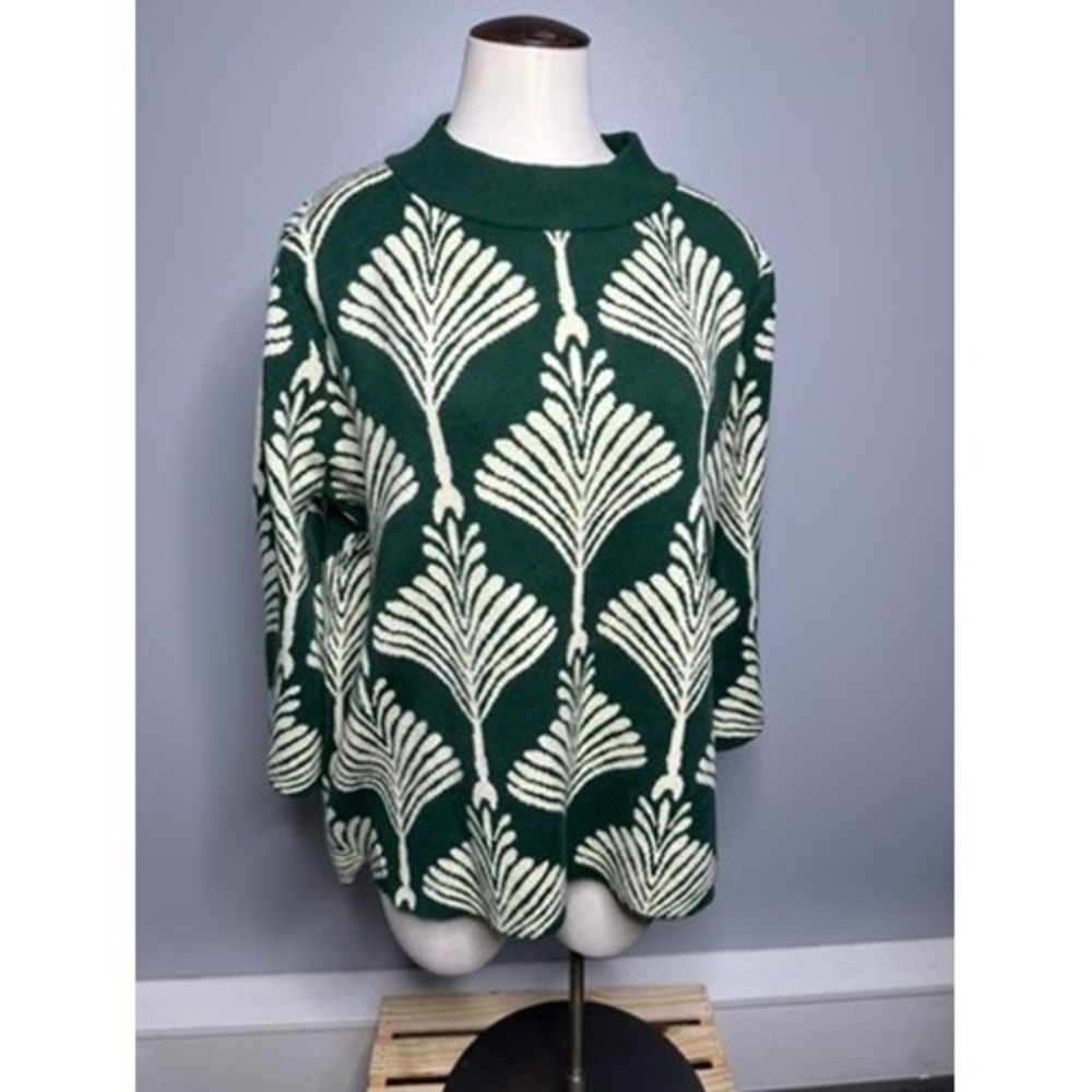 Umgee Womens Green Palm Leaf Jacquard Mock Neck Bell Sleeve Sweater Size M K0907